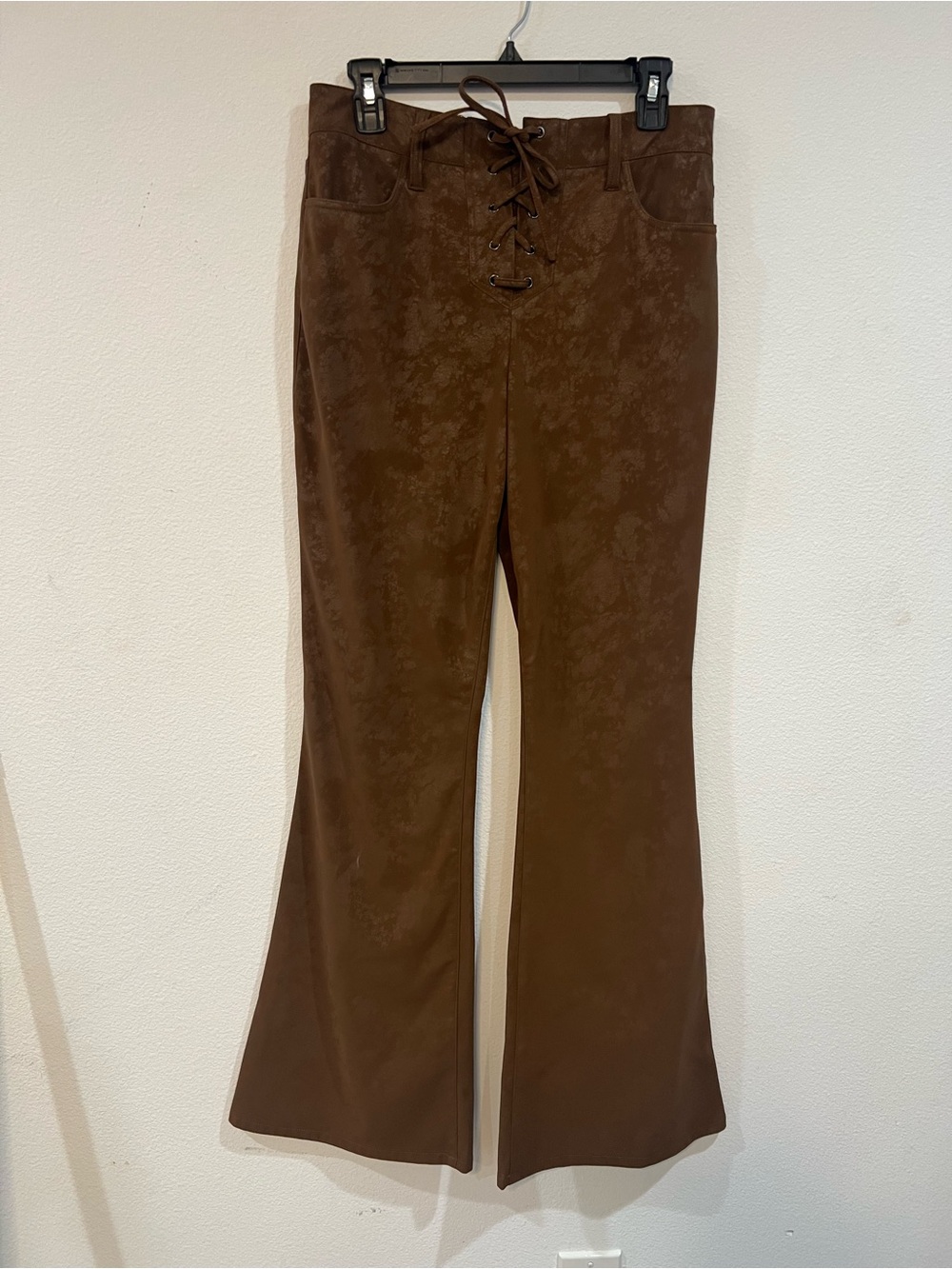 AFRM Brown Faux Leather Lace-Up Flare Pants Size 28 High Rise Retro 70s Vegan - Picture 3 of 8